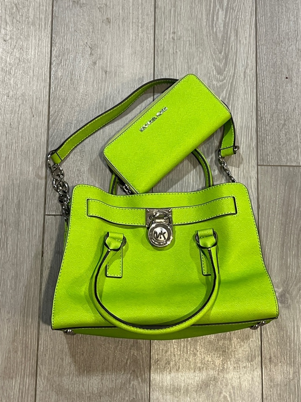 Michael Kors Neon Lime Leather Satchel & Wallet Set